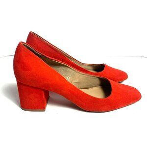 H&M Orange Square Toe Velvet Suede Chunky Heel Coral Pump 9.5
